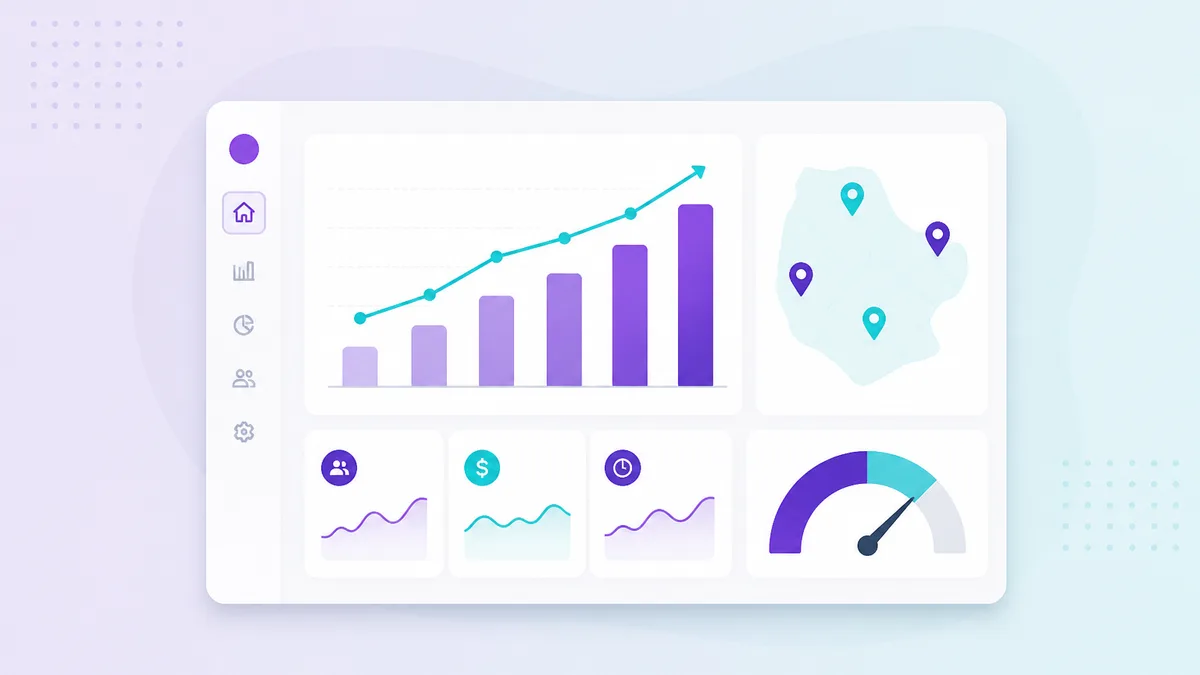 An operations dashboard showing KPIs, a trend chart, location map and a performance gauge