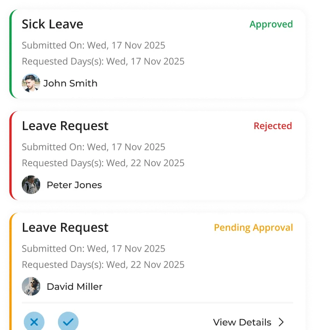 Opscale requests screen with leave and shift-swap approvals